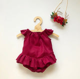 Ruffle Bum romper in linen or cotton choice of fabrics