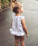 Ruffle Bum romper in linen or cotton choice of fabrics