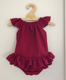 Ruffle Bum romper in linen or cotton choice of fabrics