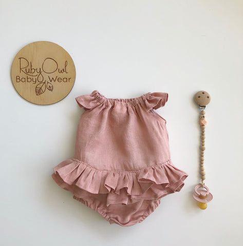 Ruffle Bum romper in linen or cotton choice of fabrics