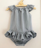 Ruffle Bum romper in linen or cotton choice of fabrics